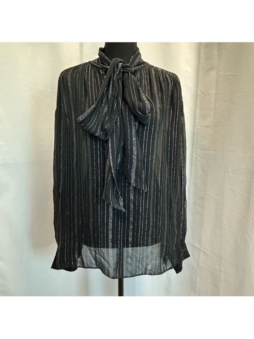 Zara ZW Collection black silver metallic thread chiffon blouse neck tie Sz M NWT